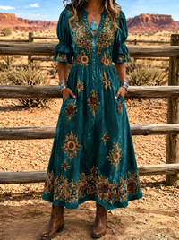 Women's Western Boho Sunflower Floral Printed Velvet Dress