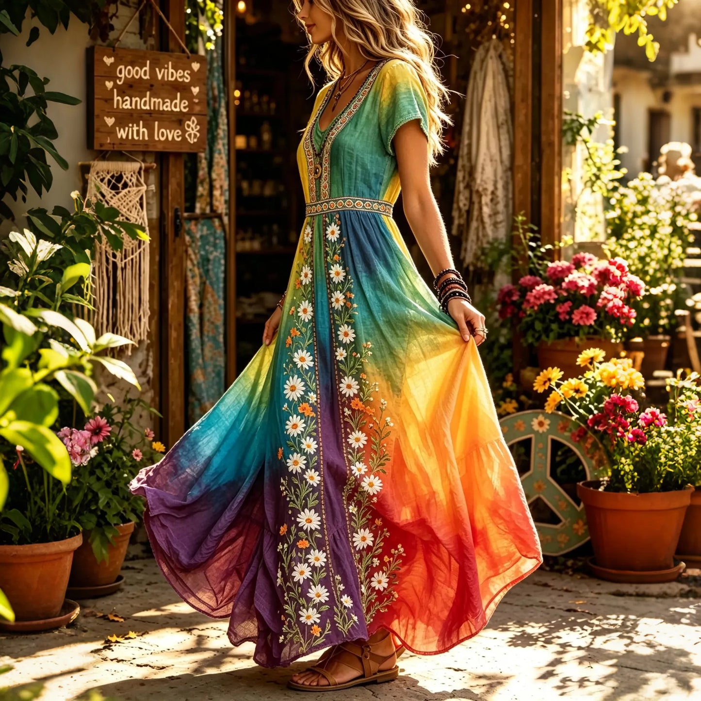 Women's Vintage Hippie Floral Embroidery Art V Neck Short Sleeve Maxi Dress