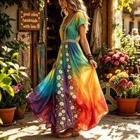 Women's Vintage Hippie Floral Embroidery Art V Neck Short Sleeve Maxi Dress