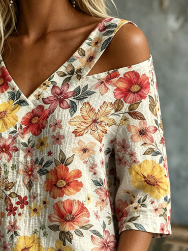 Women's Watercolor Floral Print Cold Shoulder Blouse
