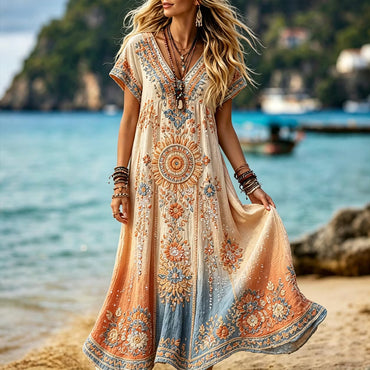 Women's Vintage Hippie Patchwork Floral Embroidery Art V Neck Short Sleeve Maxi Dress