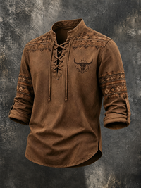 Men's Longhorn Skull Navajo Ethnic Print Washed Lace Up Shirt