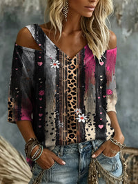 Women's Leopard & Daisy Print Cold Shoulder Blouse