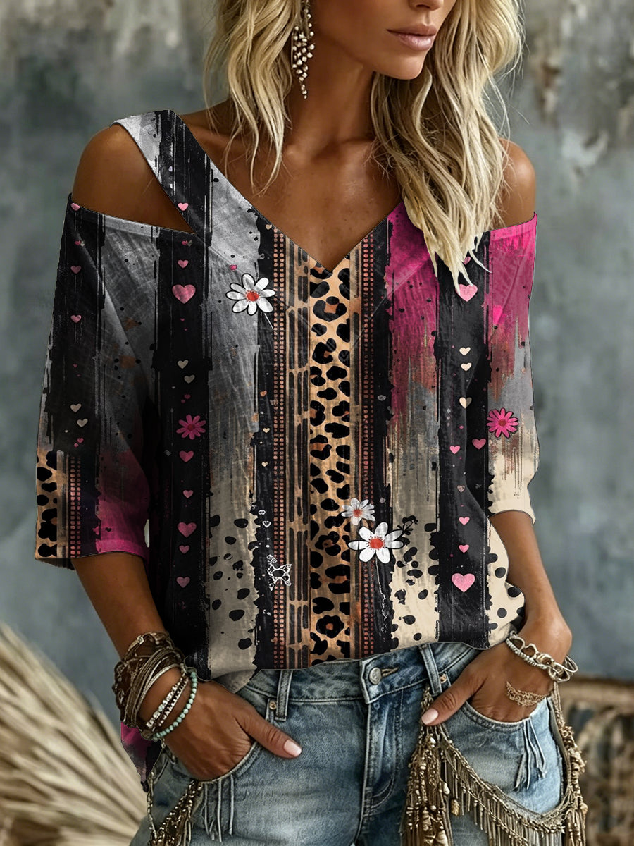 Women's Leopard & Daisy Print Cold Shoulder Blouse