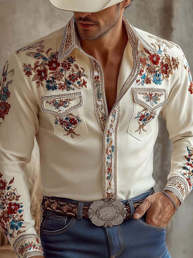Men's Western Colorful Floral Embroidered Long Sleeve Shirt