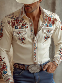 Men's Western Colorful Floral Embroidered Long Sleeve Shirt