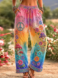 Women's Vintage Hippie Peace Floral Art Pattern Casual Linen Pants