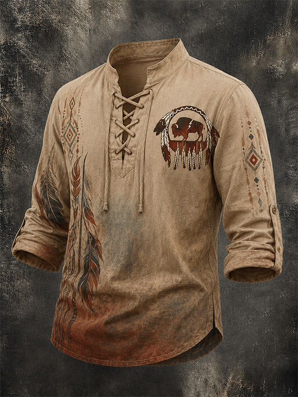 Men's Vintage Western Buffalo Dreamcatcher Lace Up Long Sleeve Henley Shirt