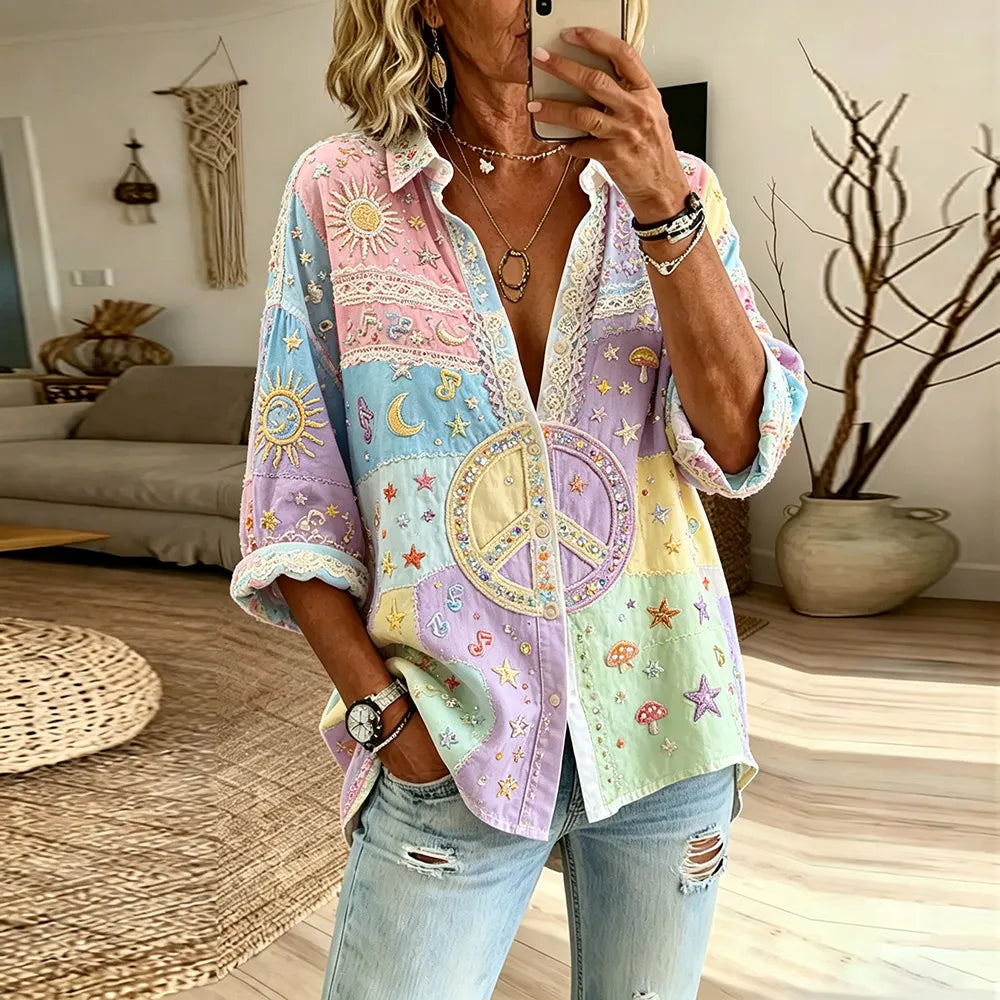 Women's Hippie Sun Moon Stars And Peace Symbol Art Patchwork Candy Color Cotton Linen Casual Long-sleeve Shirt
