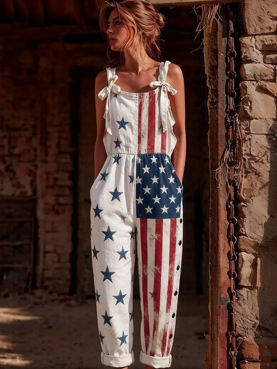 Women's Vintage USA Star Stripe Tie Strap Overalls