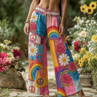 Women's Vintage Style Rainbow & Flower Graphic Palazzo Pants