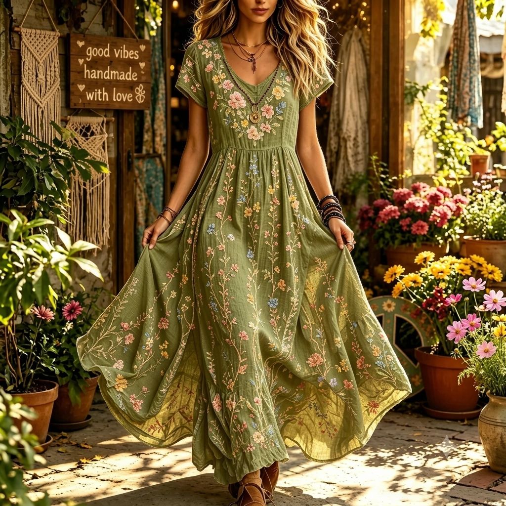 Women's Vintage Floral Embroidery Art V Neck Short Sleeve Maxi Dress