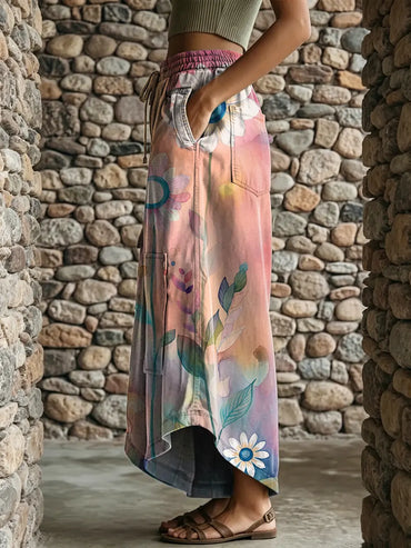 Ethnicity Watercolor Flowers Women's Art Print Casual Elastic Waist Loose Pants