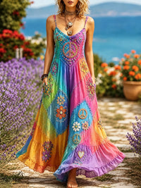 Women's Hippie Floral Peace Sign Contrast Patchwork Sleeveless Dress