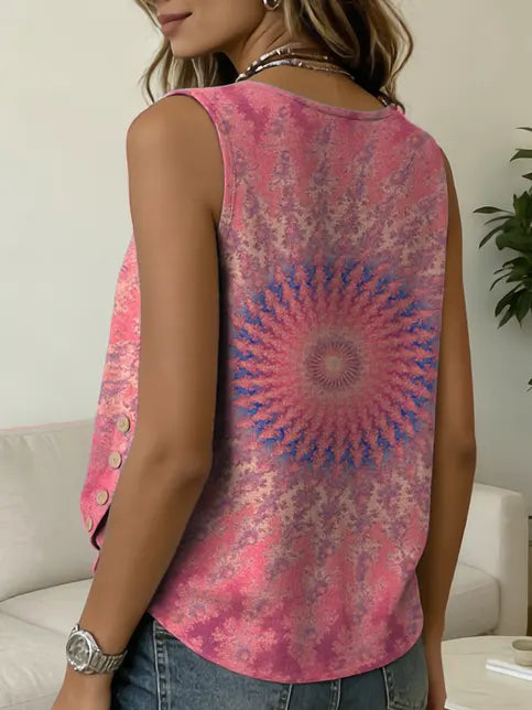 Women's Tie-dye Mandala Print Casual Button-down Tank Top