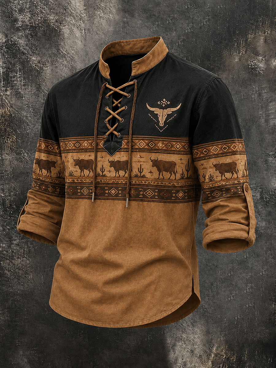 Men's Southwest Bison Tribal Pattern Vintage Lace Up Henley Shirt