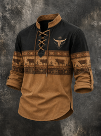Men's Southwest Bison Tribal Pattern Vintage Lace Up Henley Shirt