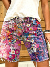 Women's All-Over Watercolor Floral Print Frayed Denim Bermuda Shorts