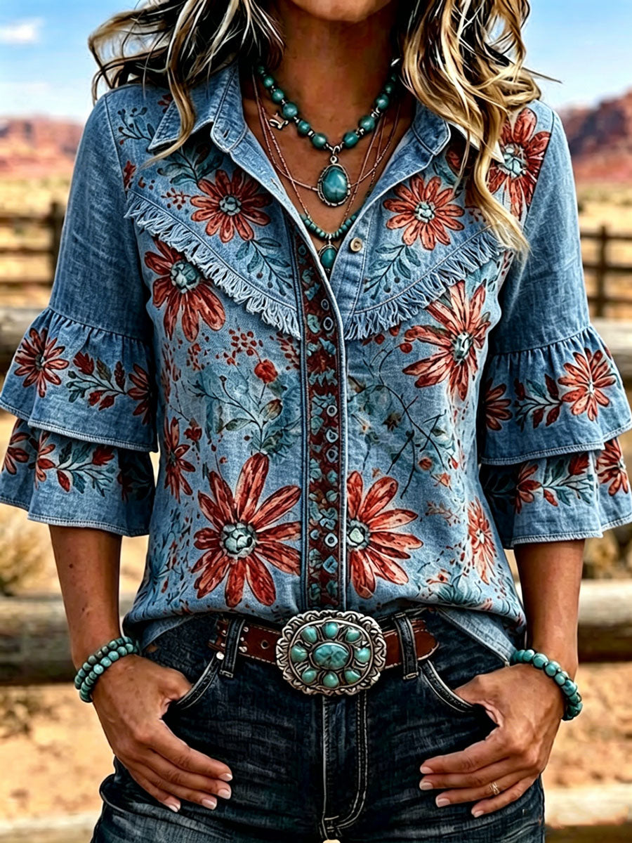 Women's Vintage Floral  Embroidered Casual Ruffle Lapel Shirt