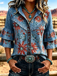 Women's Vintage Floral  Embroidered Casual Ruffle Lapel Shirt