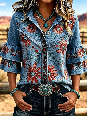 Women's Vintage Floral  Embroidered Casual Ruffle Lapel Shirt