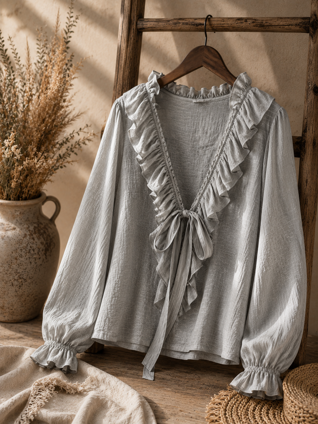 Women's Boho V-Neck Tie Ruffle Long Sleeve Linen Blend Blouse Top