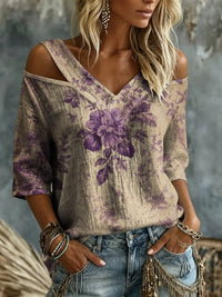 Women's Retro Ethnic Floral Art Print Casual Three-quarter Sleeve V-neck Off-shoulder Cotton Linen Shirt