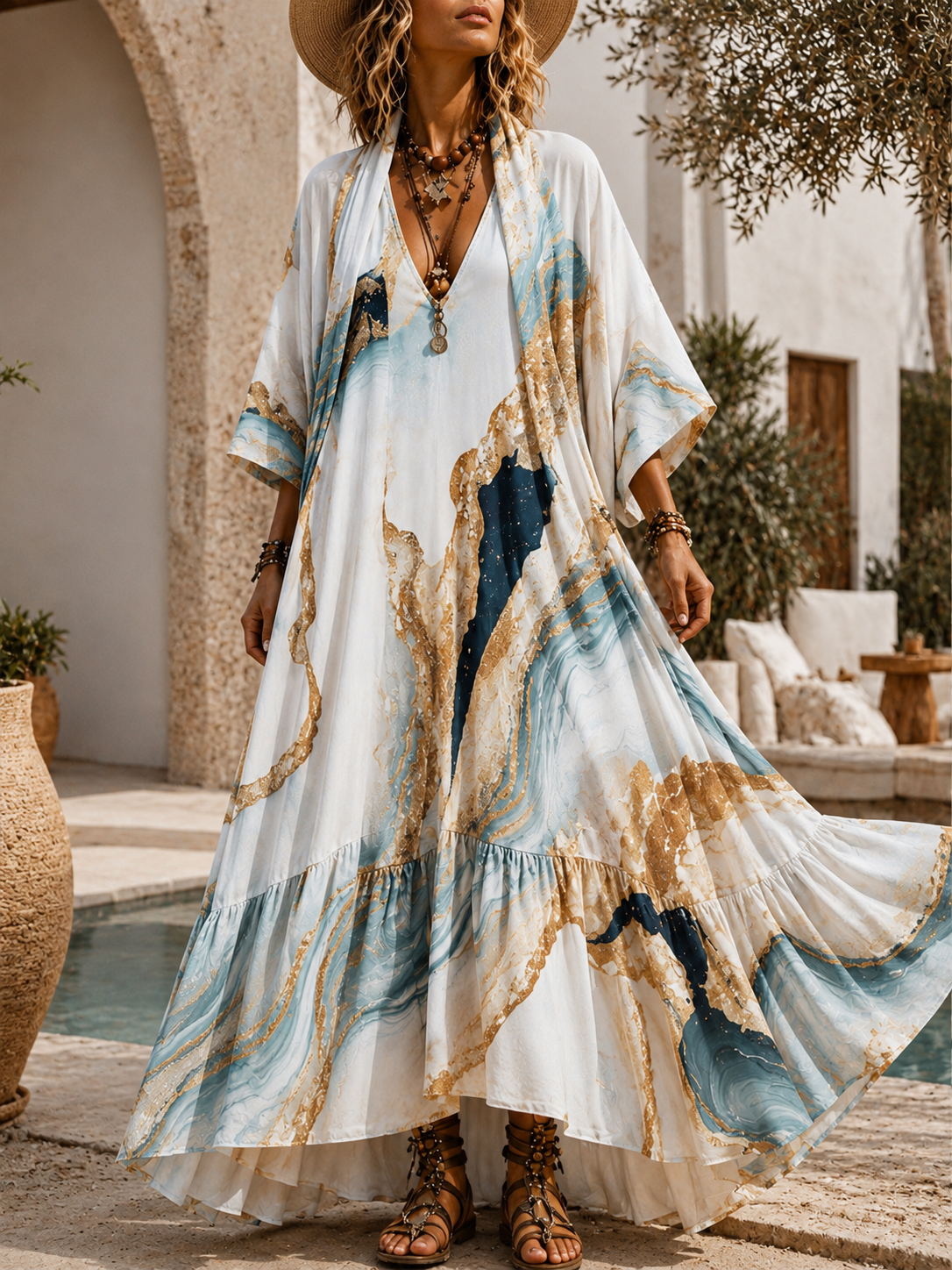 Retro Style Art Printed Vintage Camisole Dress Long Sleeve Two-Piece Maxi Dress