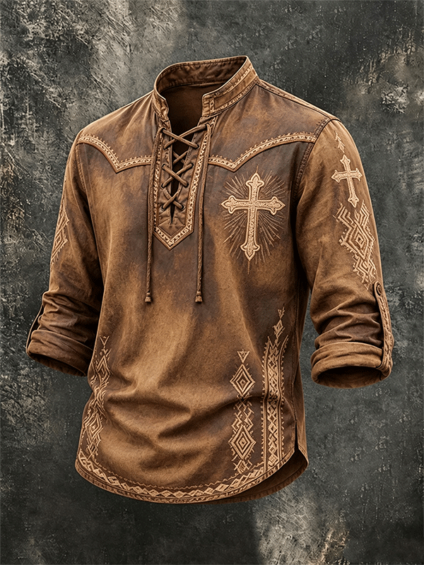 Men's Western Cross Ethnic Pattern Lace Up Vintage Long Sleeve Shirt