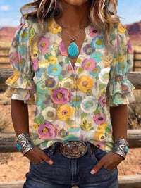 Vintage Art Print Comfortable Summer Fabrics Puff Sleeve Casual Shirt