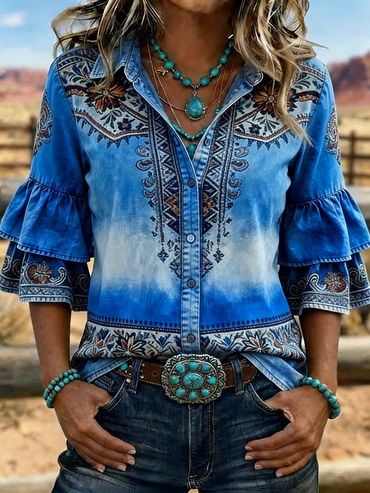 Women's Western Aztec  Embroidered Ombre Bell Sleeve Blouse