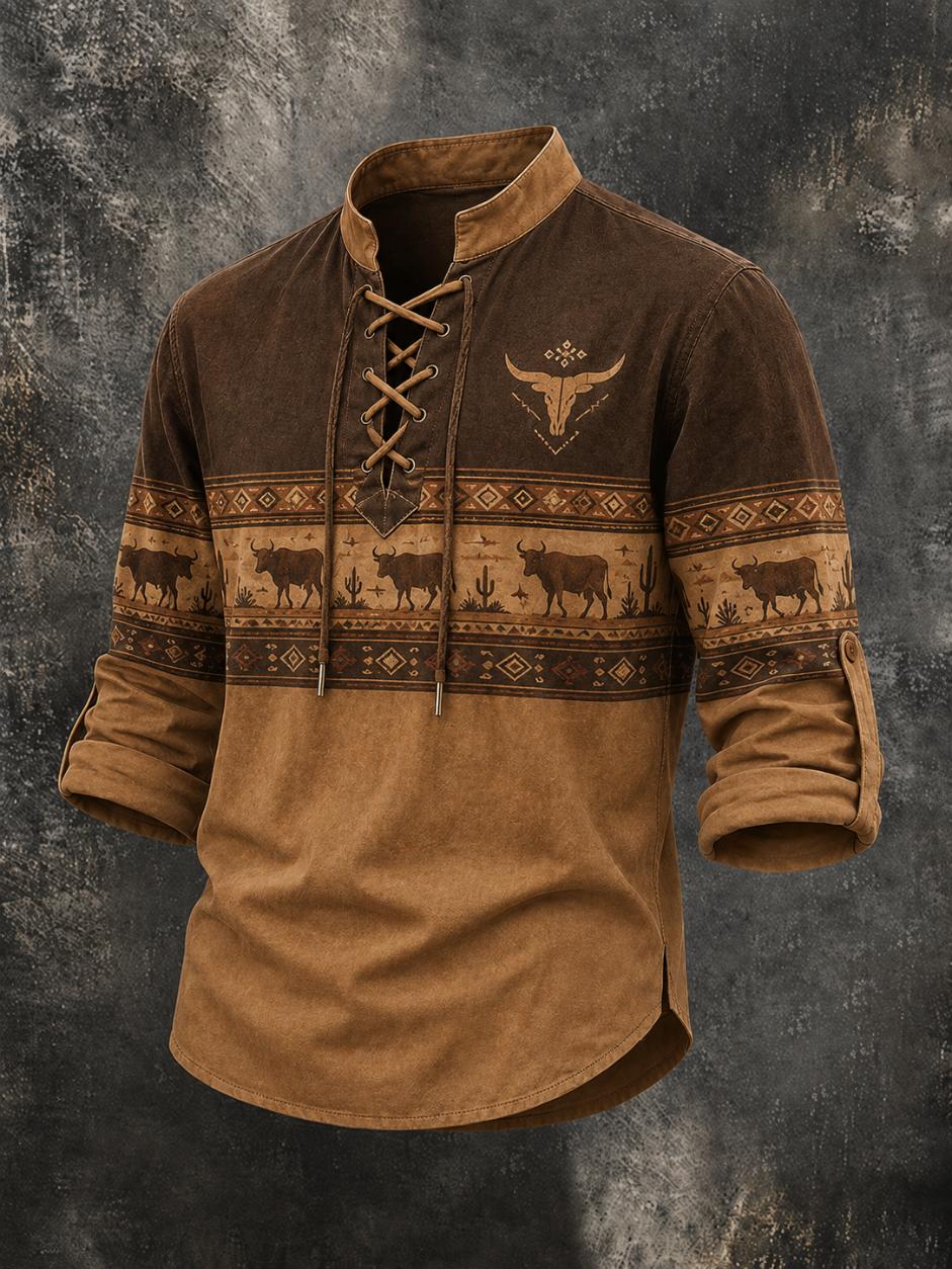 Men's Southwest Bison Tribal Pattern Vintage Lace Up Henley Shirt