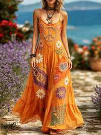 Women's Hippie Peace Sign Daisy Floral Patchwork Sleeveless Dress