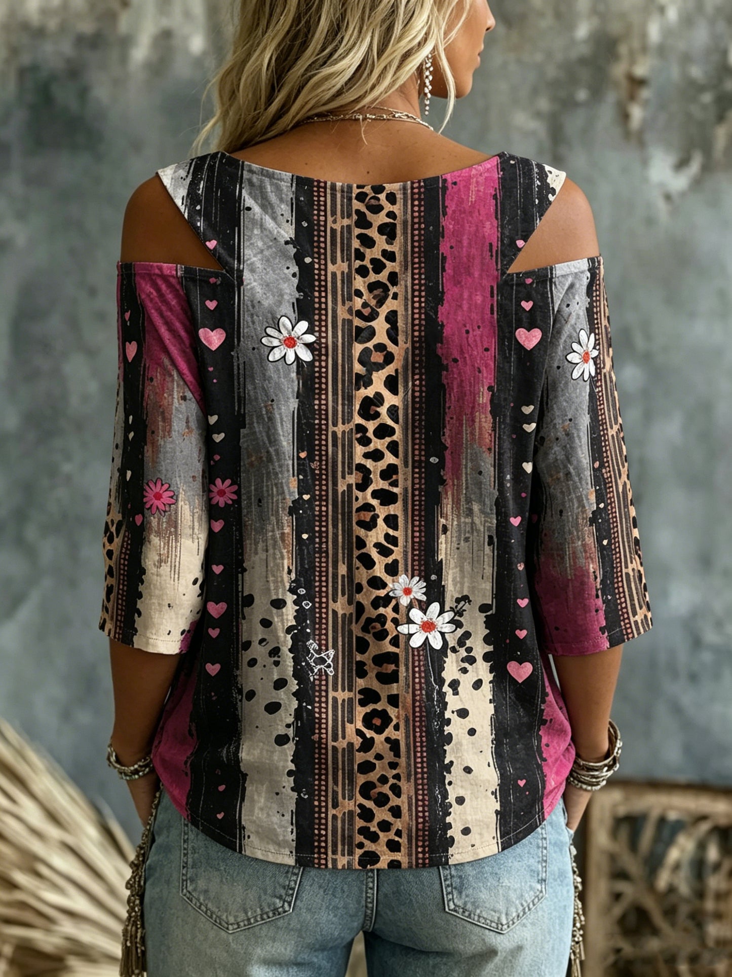 Women's Leopard & Daisy Print Cold Shoulder Blouse