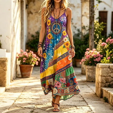 Women's Bohemian Hippie Star Floral Ethnic Print Dress