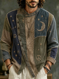 Men's Vintage Patchwork Hippie Sun And Moon Art Print Flowy Linen Blend Casual Buttons Shirts