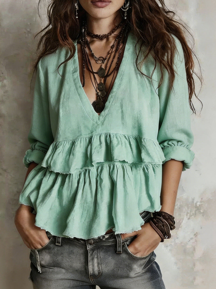 Women's Boho V-Neck Tiered Ruffle Peplum Blouse Top