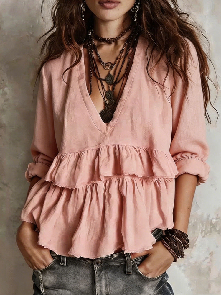 Women's Boho V-Neck Tiered Ruffle Peplum Blouse Top