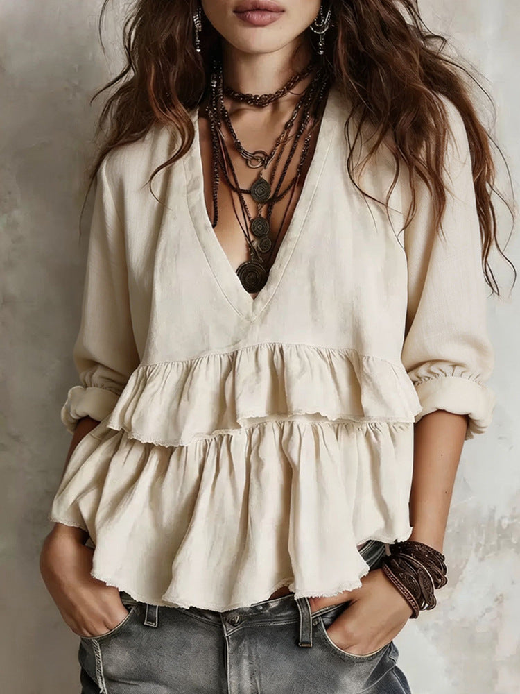Women's Boho V-Neck Tiered Ruffle Peplum Blouse Top